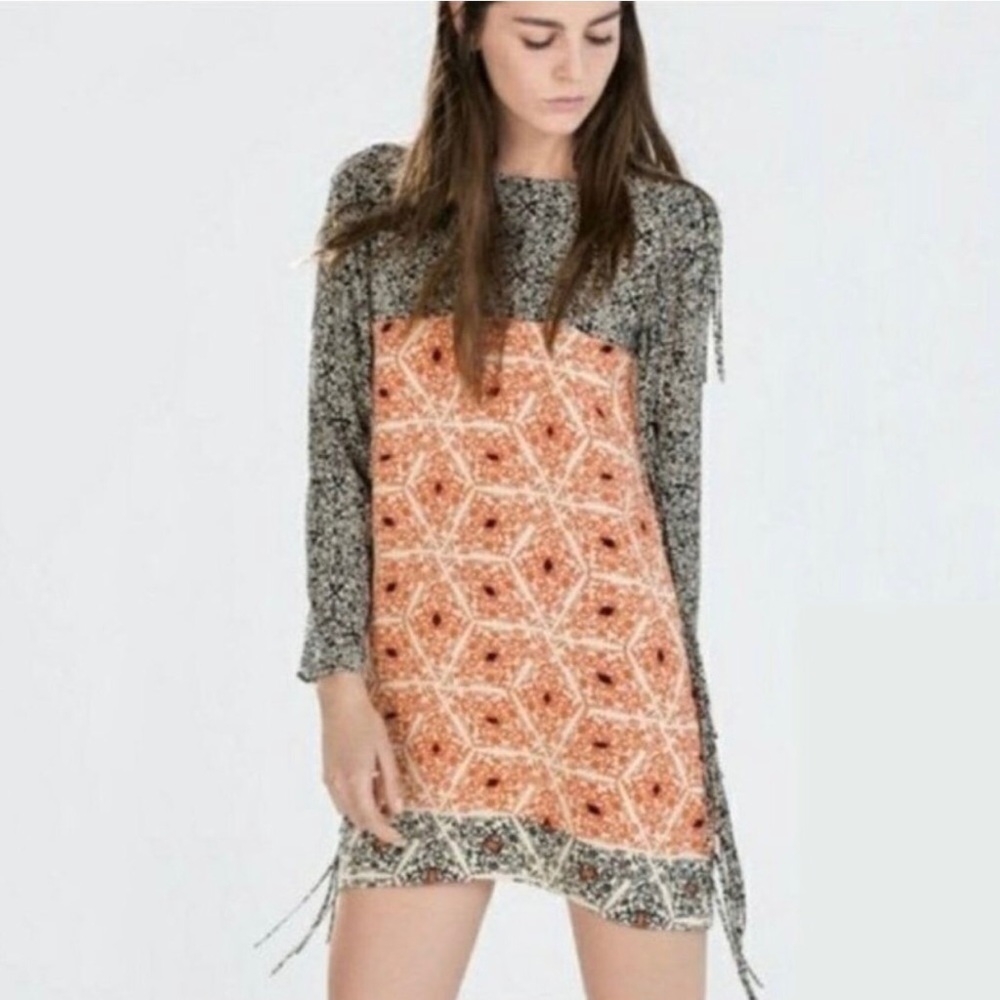 Zara | Black & Orange Shirt Fringe Print Color Block Mini Dress Medium